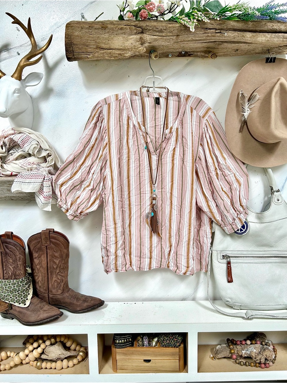 Cottagecore peasant blush Striped boho blouse w prairie shabby chic vibe